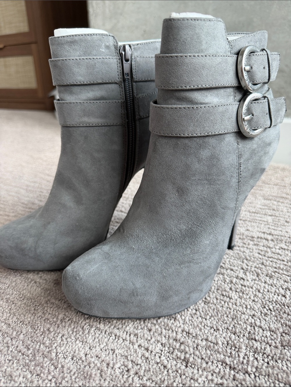 G by Guess Gray Suede High Heel Ankle Boots with Buckle Straps